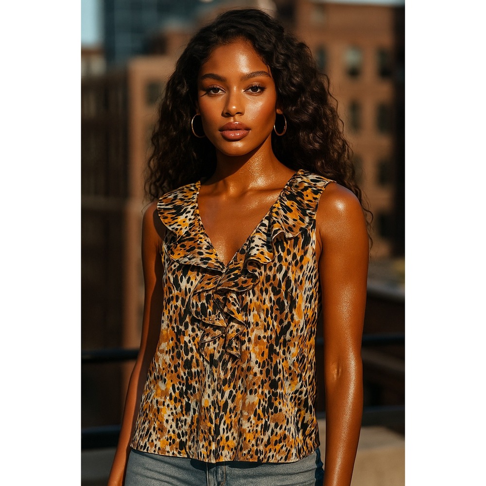 Banana Republic Womens Tank Top Medium Animal Print Leopard Ruffle Mob Wife Work